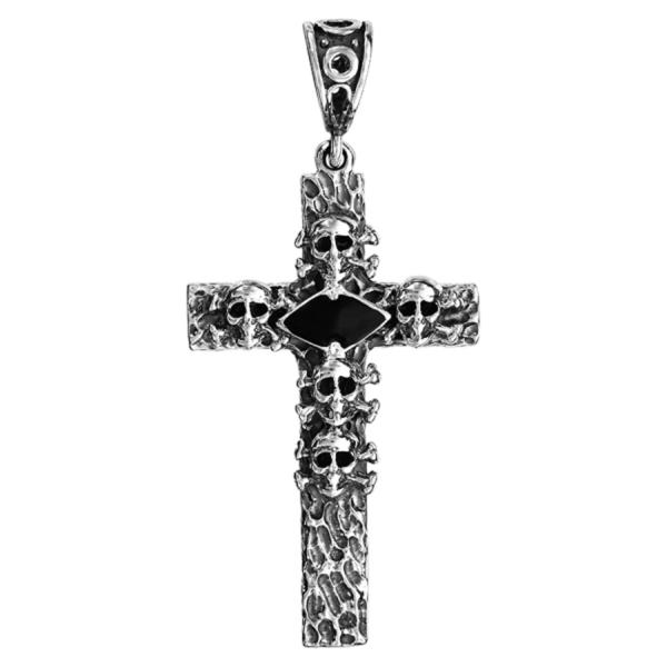 Pendentif Argent Massif Croix Patinée Tête de Mort avec Zirconium Noir