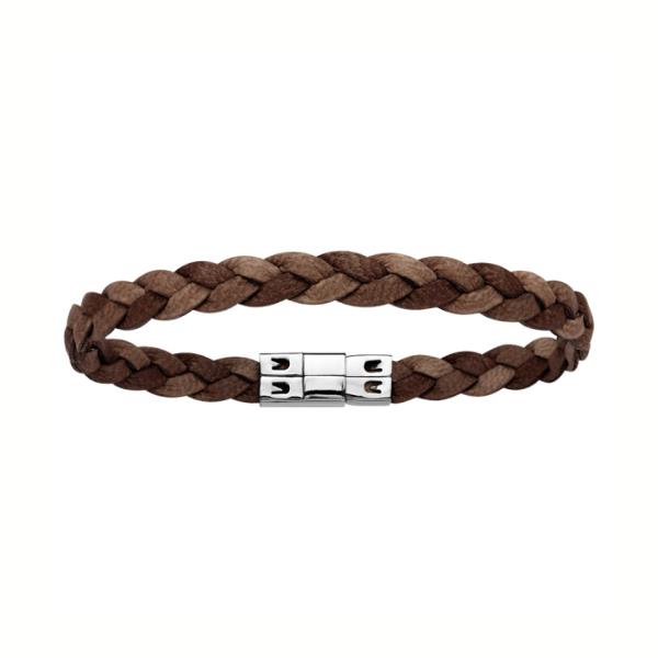 Bracelet Acier 316 L Cuir Marron Tressé Fin 2 Rangs