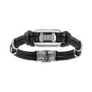 Bracelet Acier 316 L Cuir Noir Plaque Grillage avec Cables 20,5 cm