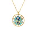 Collier Acier 316L Doré Jaune Pendentif 16 mm Fleur de Lotus Résine Bleu Fond Blanc