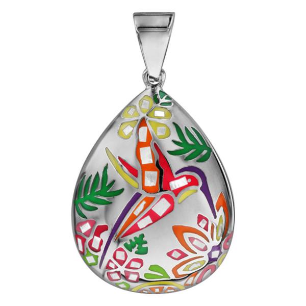 Pendentif Acier 316 L avec Nacre Forme Ovale Colibri Orange