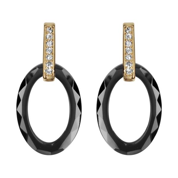 Boucles d'oreilles Plaqué Or Ovale Céramique Noire et Zirconium Sertis