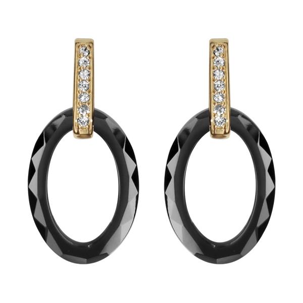 Boucles d'oreilles Plaqué Or Ovale Céramique Noire et Zirconium Sertis