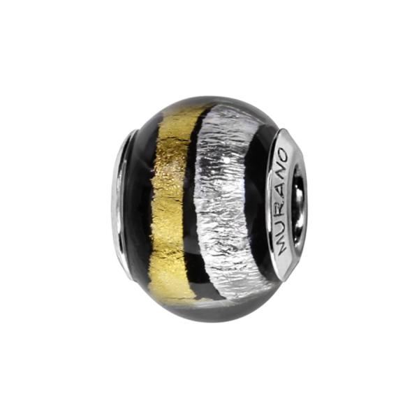 Charms Argent 925 Perle Murano Noir Zebré Jaune et Blanc