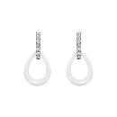 Boucles d'oreilles Argent 925 Pendante Ovale Céramique Blanche Barette Zirconium Sertis