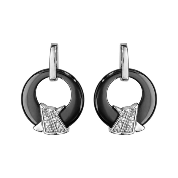 Boucles d'Oreilles Argent 925 Rond Céramique Noire avec Croisillons Zirconium Sertis