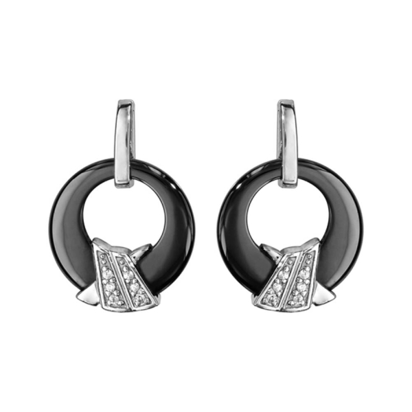 Boucles d'Oreilles Argent 925 Rond Céramique Noire avec Croisillons Zirconium Sertis