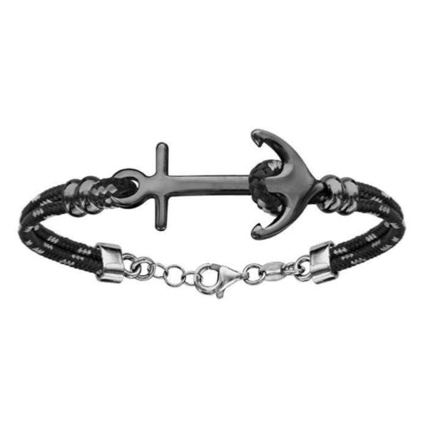 Bracelet Argent 925 2 Rangs Corde Noire et Grise Ancre Marine Ruthénium Noir