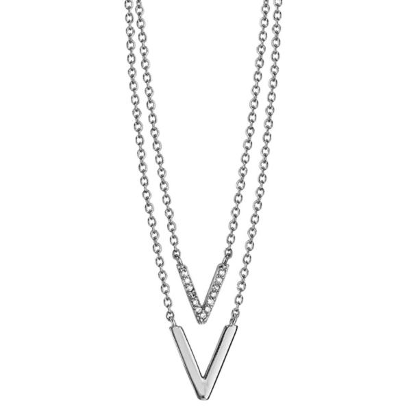 Collier Argent 925 Double Chaines 2 Formes V avec Zirconium