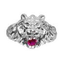 Bague Argent 925 Chevalière Tête de Lion Zirconium Rouge Gros Modèle