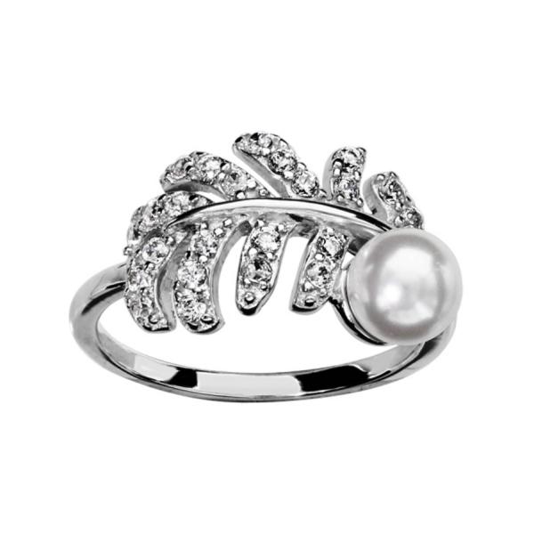 Bague Argent 925 Plume Zirconium avec Perle de Synthèse Blanche