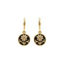 Boucles d'oreilles Tige Acier 316 L Doré Rond Fleurs Fond Résine Noire