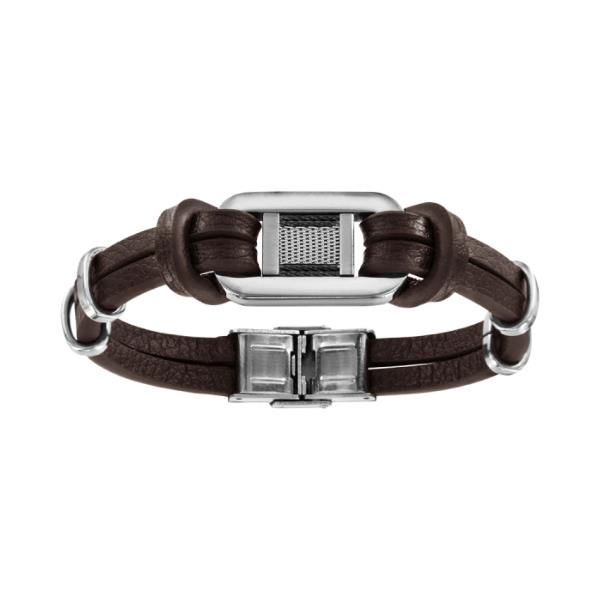 Bracelet Acier 316 L Cuir Marron Plaque Grillage avec Cables 20,5 cm