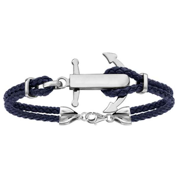 Bracelet Acier 316 L Double Cuir Bleu Ancre Marine