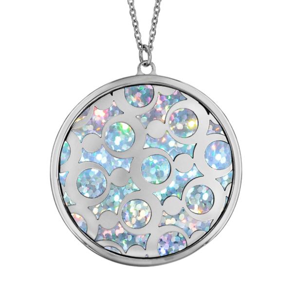 Collier Acier 316 L Pendentif Rond Motif Glitter Azur Rond Scintillant