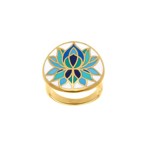 Bague Acier 316L Doré Jaune Fleur de Lotus Résine Bleu Fond Blanc