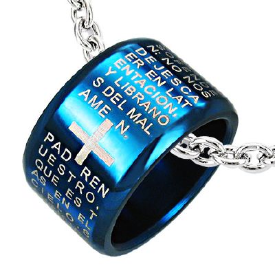 Pendentif Acier 316 L Bleu Tonneau Prières + Croix