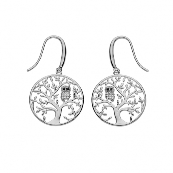 Boucles d'oreilles Argent 925 Rhodié Arbre de Vie avec Hibou