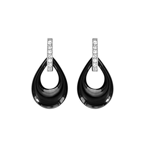 Boucles d'oreilles Argent 925 Poire Céramique Noire Barette Zirconium Sertis