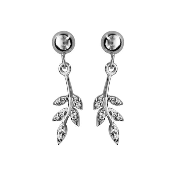 Boucles d'oreilles Argent 925 Boule avec Petite Feuille Zirconium Sertis