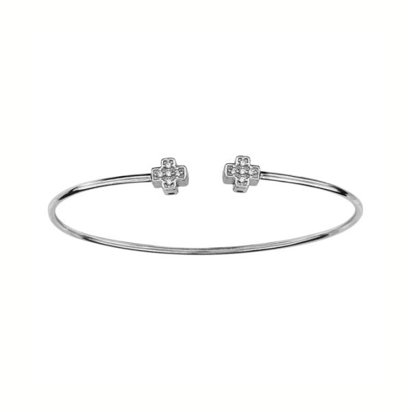 Bracelet Argent 925 Rigide Fin Fil Rond Double Croix Zirconium
