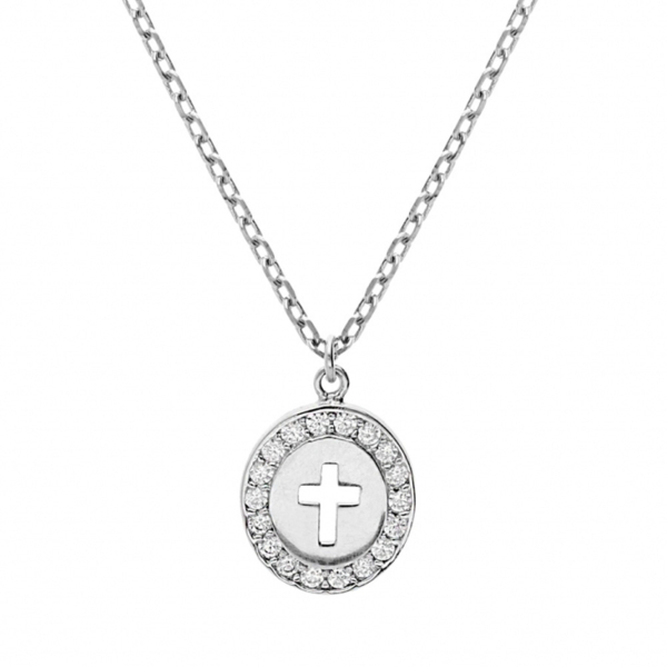 Collier Argent 925 Pendentif Ovale Croix Contour Zirconium