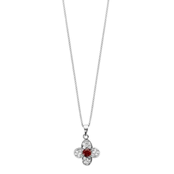 Collier Argent 925 Pendentif Fleur Zirconium Sertis Pierre Rouge