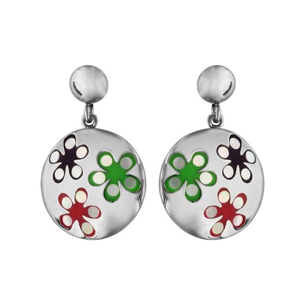 Boucles d'oreilles Acier 316 L Rond Bombé avec Nacre Motif Fleurs Colorées