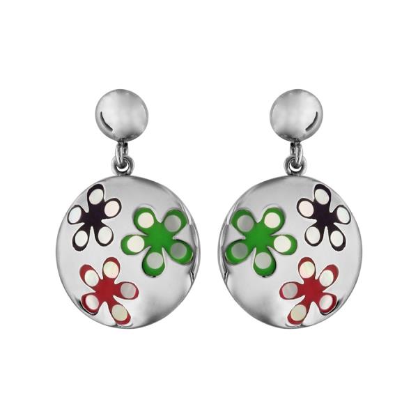 Boucles d'oreilles Acier 316 L Rond Bombé avec Nacre Motif Fleurs Colorées