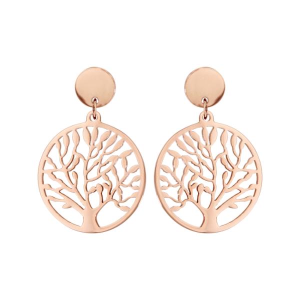 Boucles d'oreilles Acier 316 L Rosé Pendante Ronde Arbre de Vie