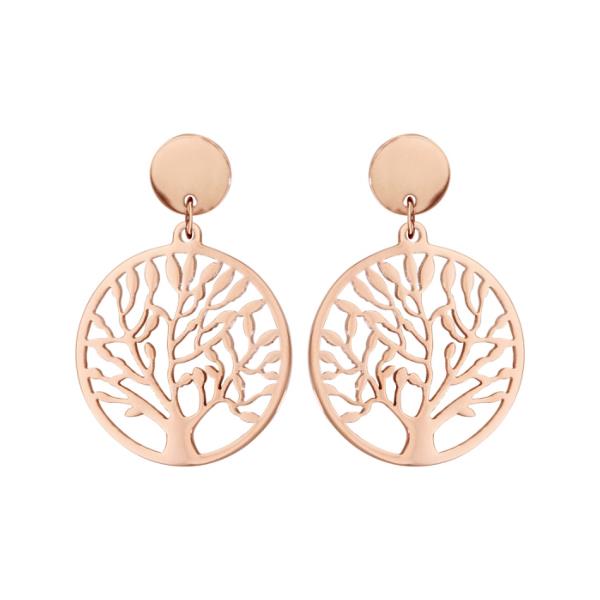 Boucles d'oreilles Acier 316 L Rosé Pendante Ronde Arbre de Vie