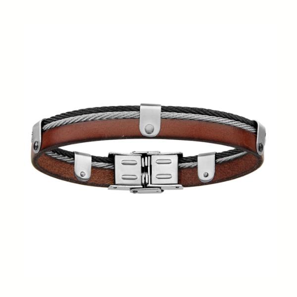 Bracelet Acier 316 L Cuir Marron Cable Gris et Noir 20 cm