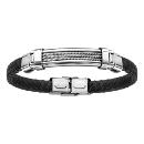 Bracelet Acier 316 L Cuir Noir Tresse Cable Gris 3 Rangs 21 cm