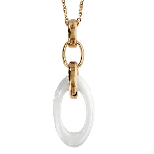 Collier Plaqué Or Pendentif Anneaux Ovale Céramique Blanche