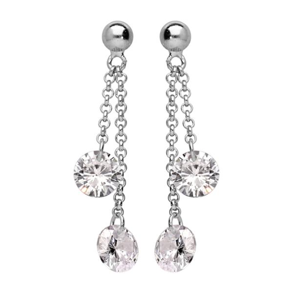Boucles d'oreilles Argent 925 Double Chainette Pierre Synthese Blanche 
