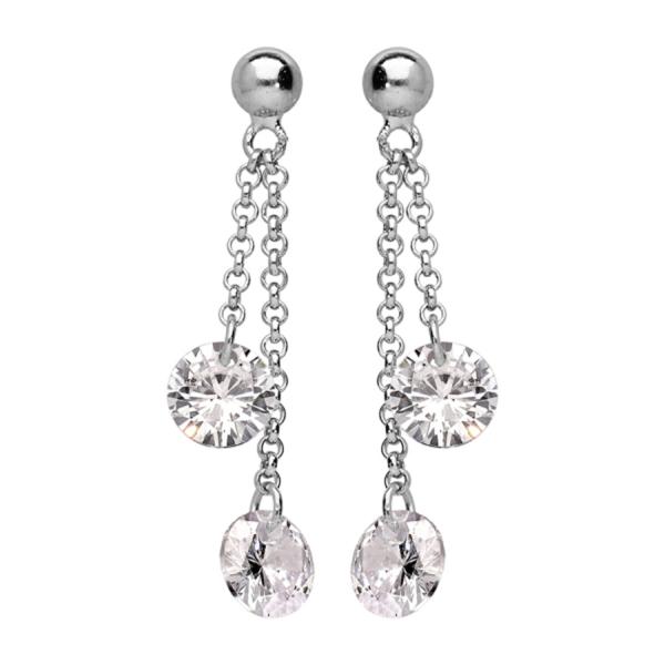 Boucles d'oreilles Argent 925 Double Chainette Pierre Synthese Blanche 