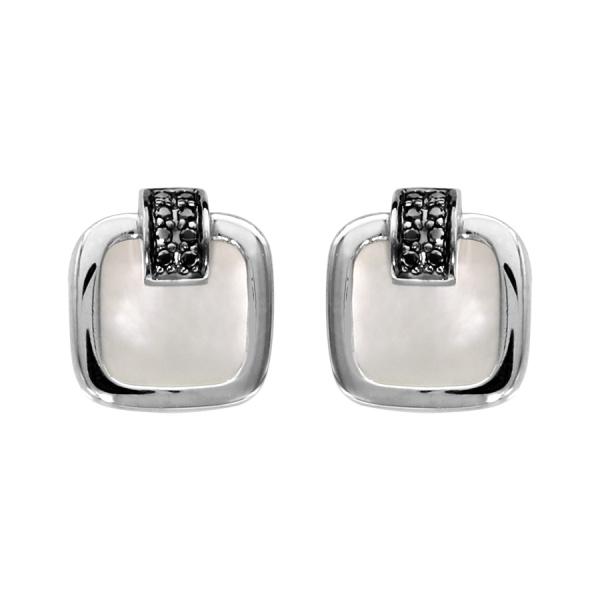 Boucles d'oreilles Argent 925 Carré Nacre Blanche et Zirconium Sertis Noirs