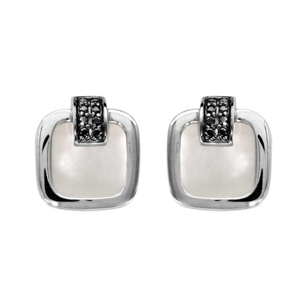 Boucles d'oreilles Argent 925 Carré Nacre Blanche et Zirconium Sertis Noirs