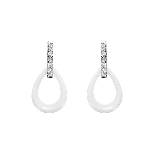 Boucles d'oreilles Argent 925 Pendante Ovale Céramique Blanche Barette Zirconium Sertis