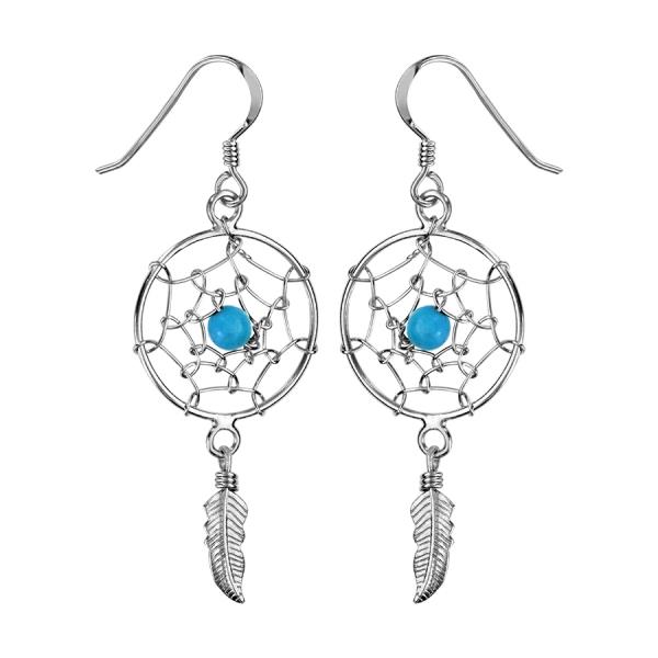 Boucles d'oreilles Argent 925 Attrape Rêves avec Boule Turquoise