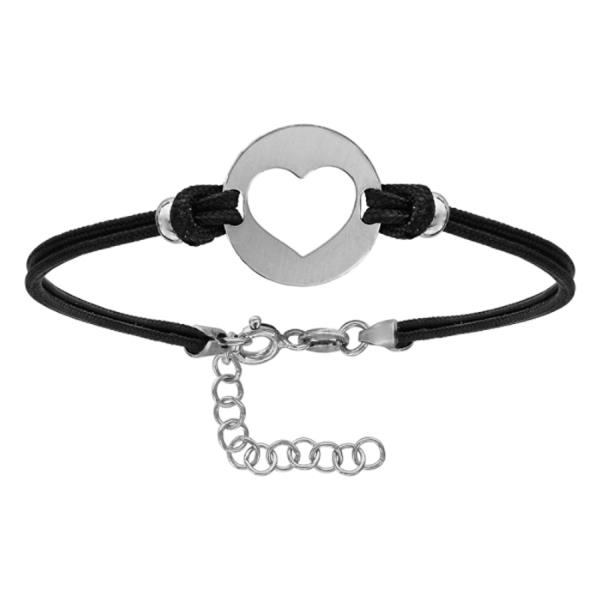 Bracelet Argent 925 Double Cordons Noirs Rondelle 1 Coeur Evidé