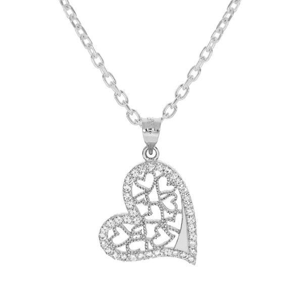 Collier Argent 925 Pendentif Coeur Filigranes et Zirconium Sertis