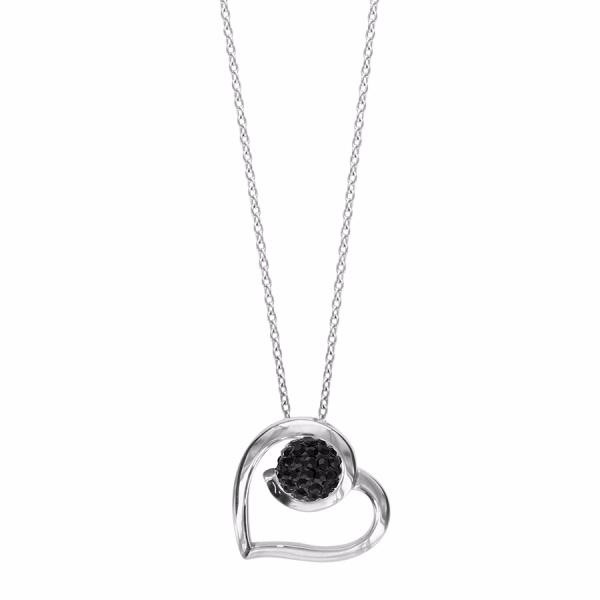 Collier Argent 925 Coeur Boule Résine Strass Noir