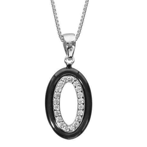 Collier Argent 925 Pendentif Ovale Céramique Noire Contour Zirconium Sertis