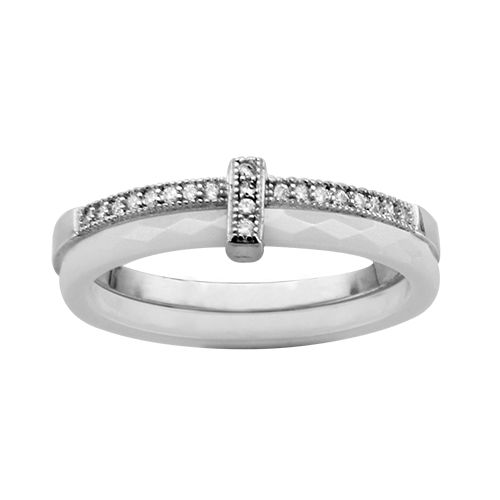 Bague Argent 925 Anneau Céramique Blanc + 1 Rail Zirconium Micro Sertis