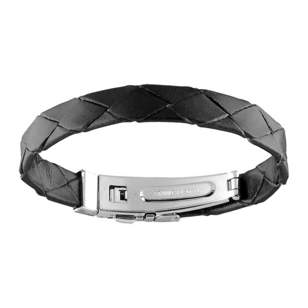 Bracelet Acier 316 L Cuir Noir 19,5 cm 