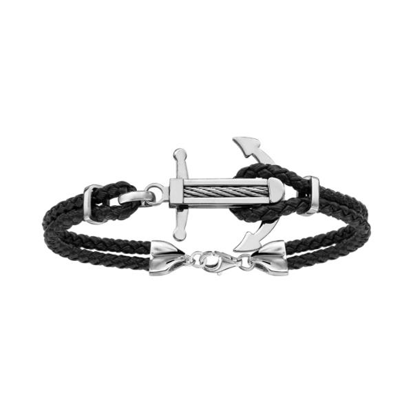 Bracelet Acier 316 L Double Cuir Noir Ancre Marine avec Cable 19+3 cm