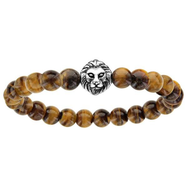 Bracelet Acier 316 L Tête de Lion sur Elastique Perle Imitation Marron