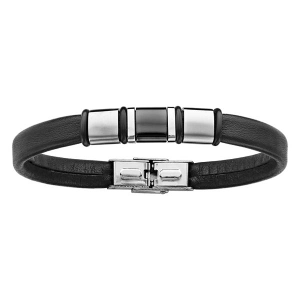 Bracelet Acier 316 L Cuir Noir 21 cm