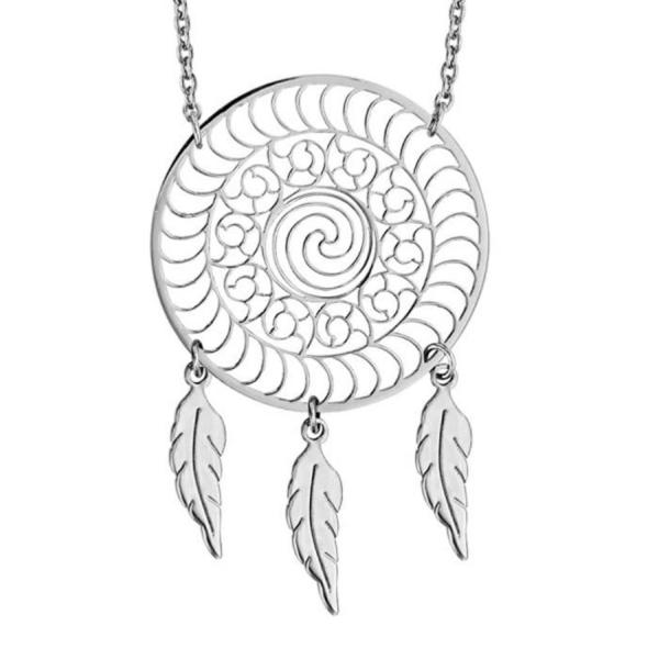 Collier Acier 316 L Attrape Rêve Spirale et 3 Plumes